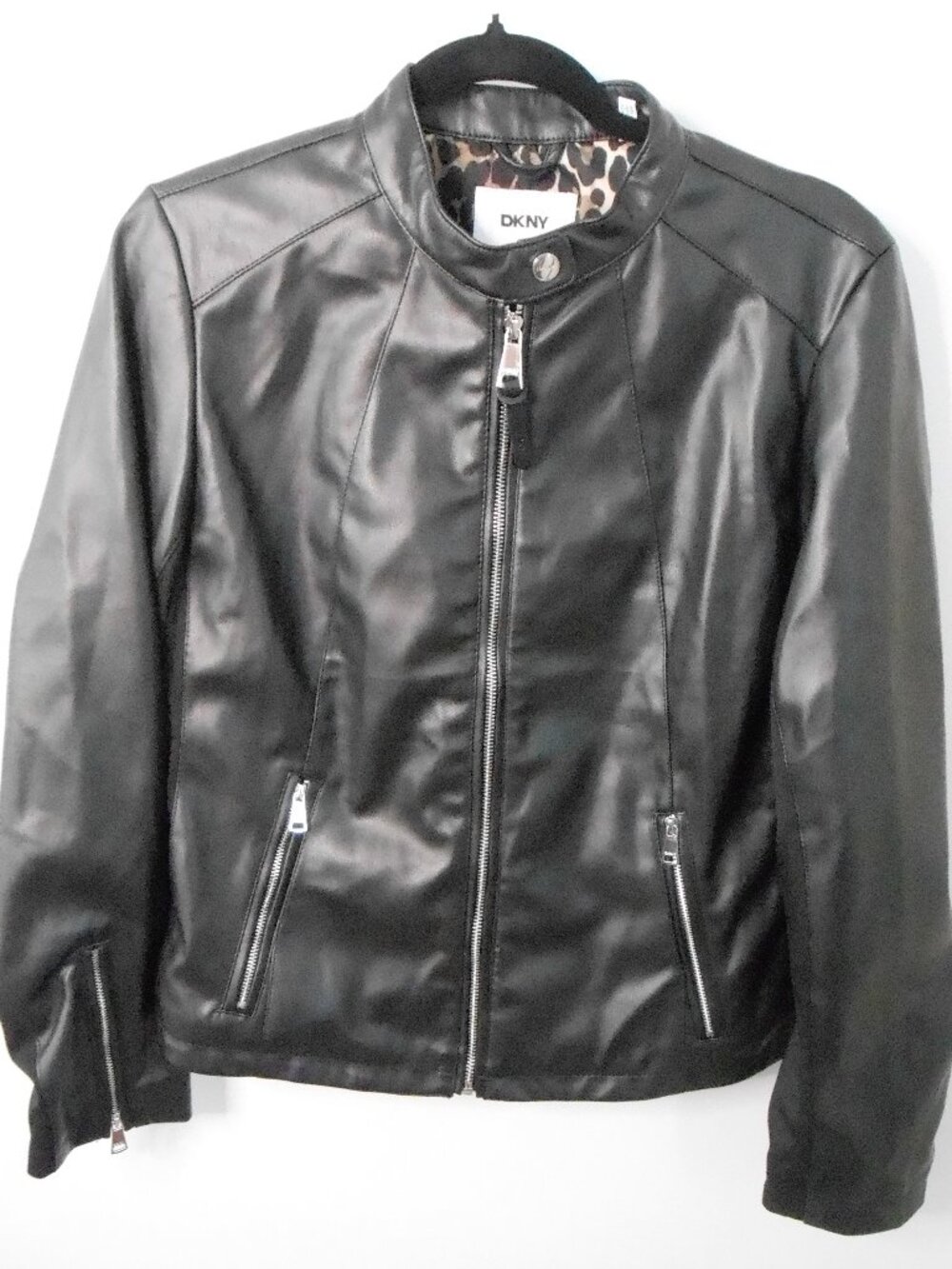 DKNY Women's Black PU Faux Leather Long Sleeve Full Zip Jacket Size-Large